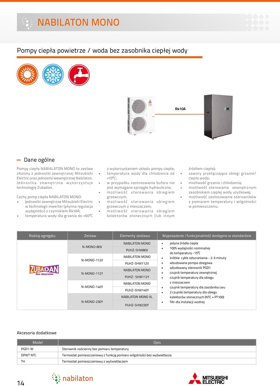 Cechy pomp ciepła NABILATON MONO: jednostki zewnętrzne Mitsubishi Electric w technologii inwerter (płynna regulacja wydajności) z czynnikiem R410A; temperatura wody dla grzania do +60⁰C z