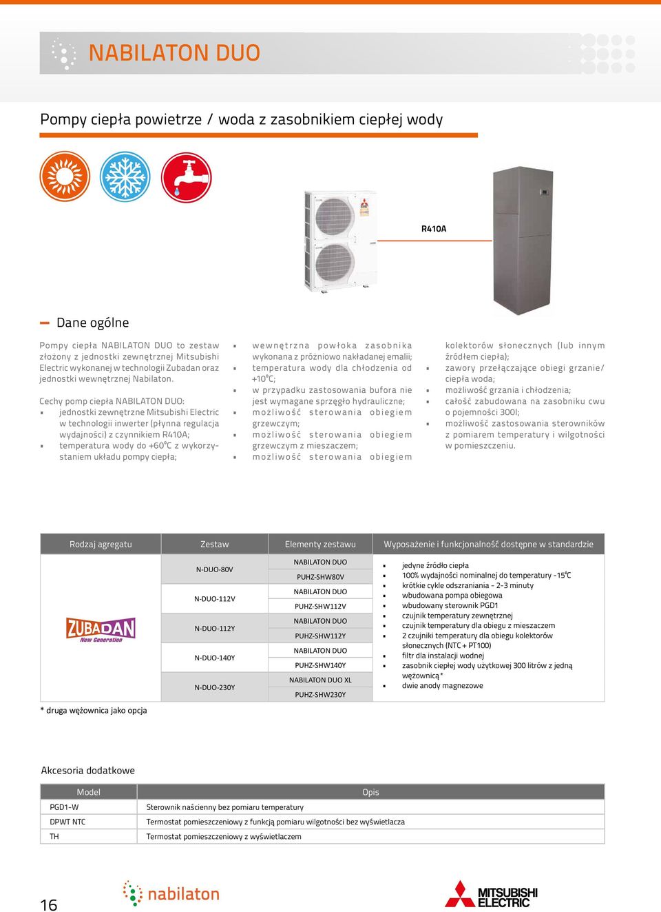 Cechy pomp ciepła NABILATON DUO: jednostki zewnętrzne Mitsubishi Electric w technologii inwerter (płynna regulacja wydajności) z czynnikiem R410A; temperatura wody do +60⁰C z wykorzystaniem układu