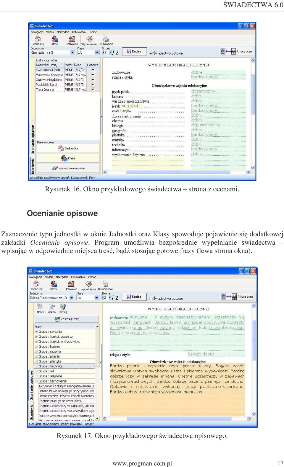 dodatkowej zakładki Ocenianie opisowe.