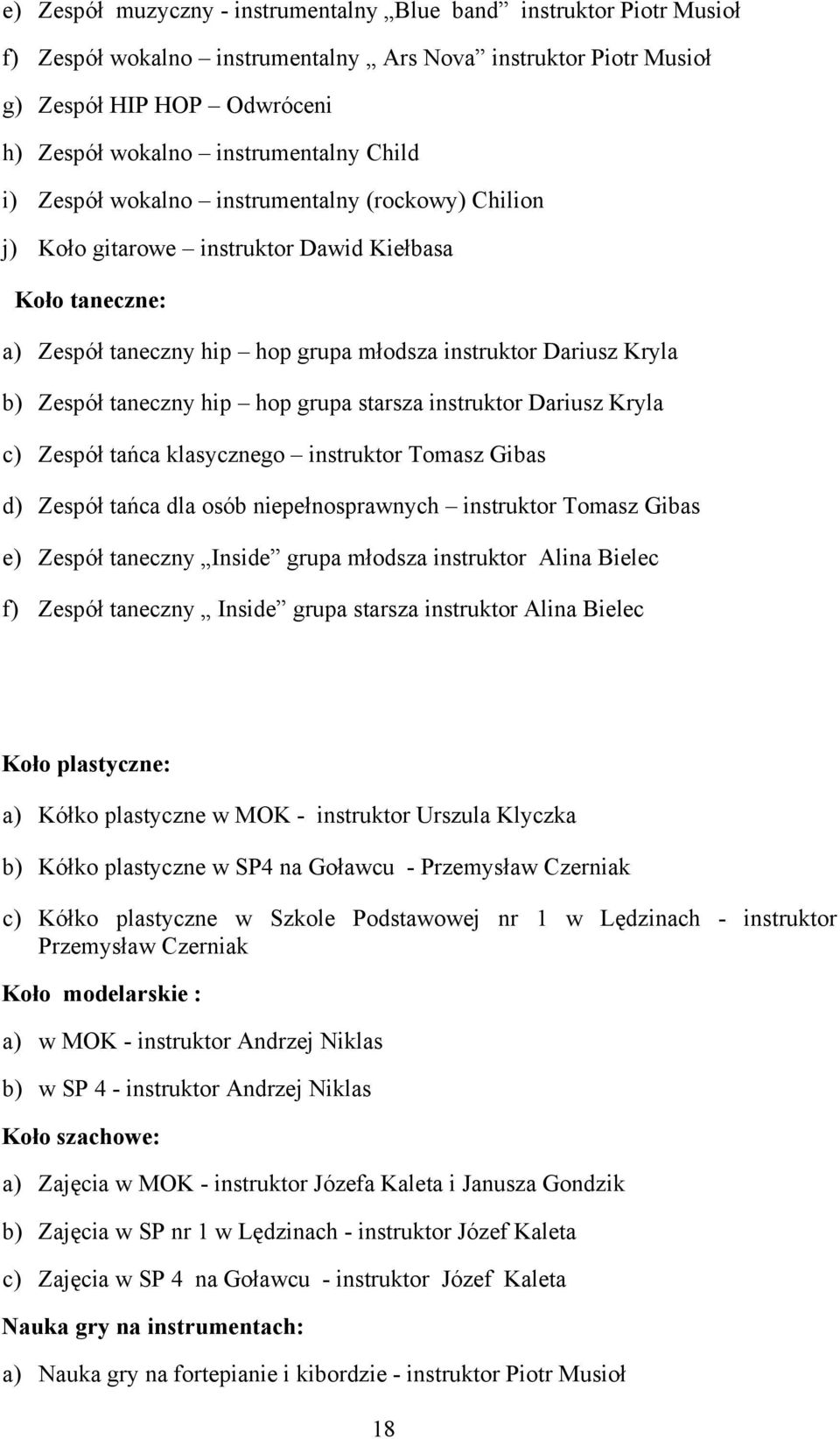 hip hop grupa starsza instruktor Dariusz Kryla c) Zespół tańca klasycznego instruktor Tomasz Gibas d) Zespół tańca dla osób niepełnosprawnych instruktor Tomasz Gibas e) Zespół taneczny Inside grupa