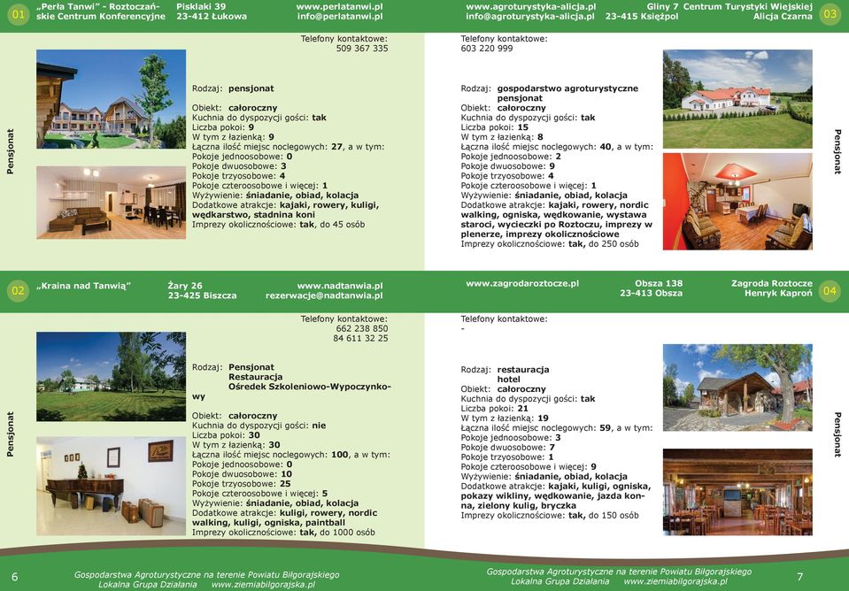 ilość miejsc noclegowych: 27, a w tym: Pokoje dwuosobowe: 3 Pokoje trzyosobowe: 4 Dodatkowe atrakcje: kajaki, rowery, kuligi, wędkarstwo, stadnina koni Imprezy okolicznościowe: tak, do 45 osób Żary