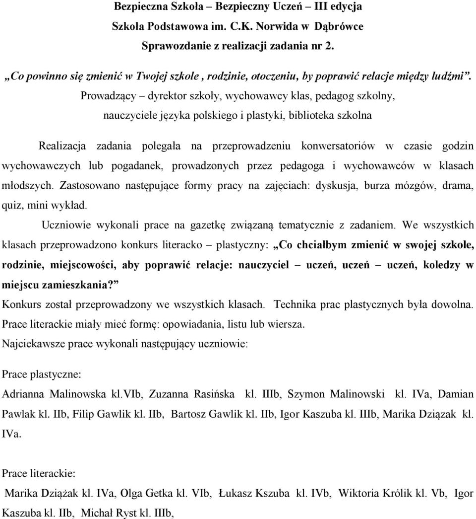 Prowadzący dyrektor szkoły, wychowawcy klas, pedagog szkolny, nauczyciele języka polskiego i plastyki, biblioteka szkolna Realizacja zadania polegała na przeprowadzeniu konwersatoriów w czasie godzin