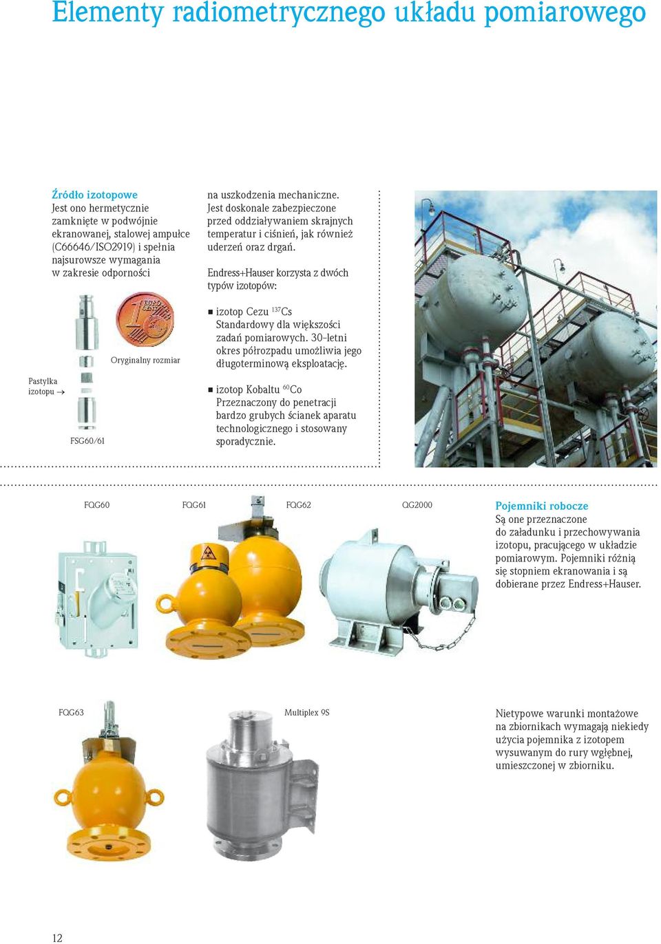 Endress+Hauser korzysta z dwóch typów izotopów: Pastylka izotopu FSG60/61 Oryginalny rozmiar izotop Cezu 137 Cs Standardowy dla większości zadań pomiarowych.