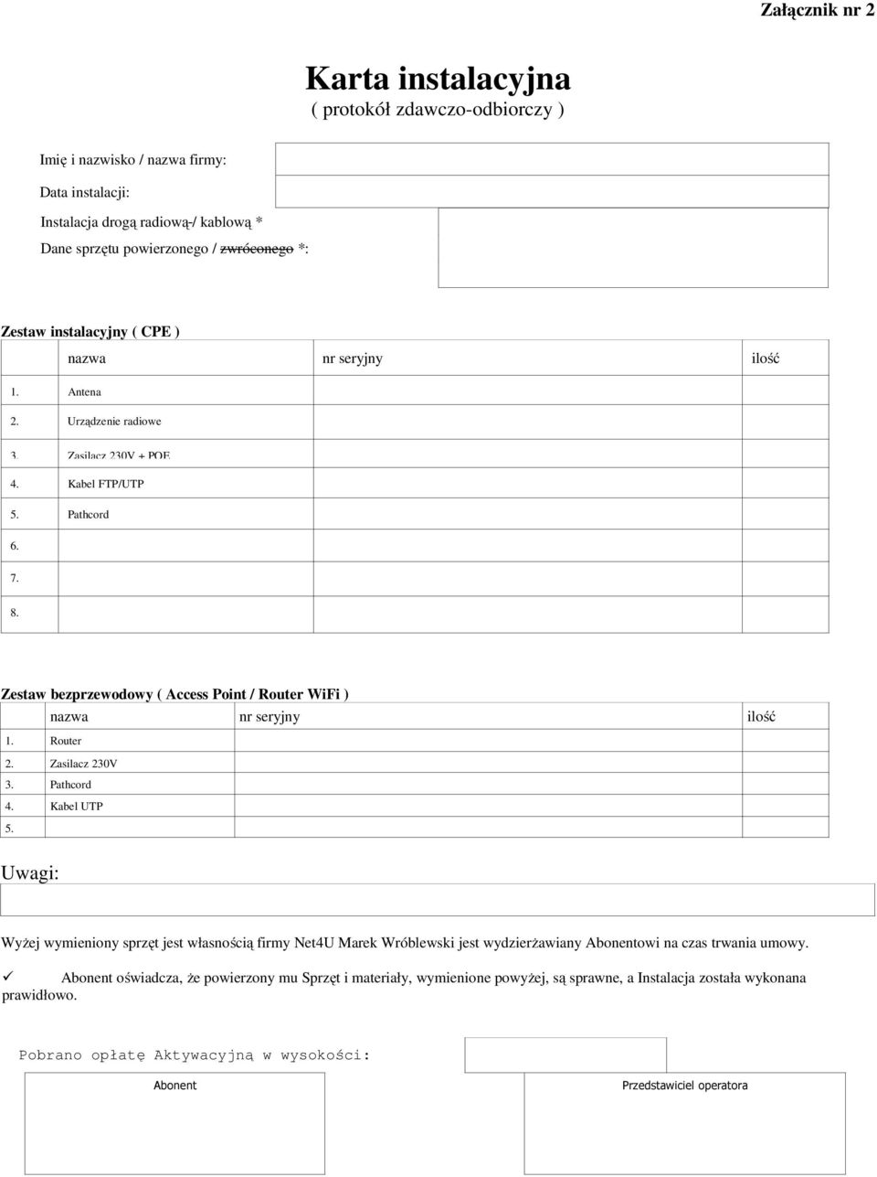 Zestaw bezprzewodowy ( Access Point / Router WiFi ) nazwa nr seryjny ilość 1. Router 2. Zasilacz 230V 3. Pathcord 4. Kabel UTP 5.