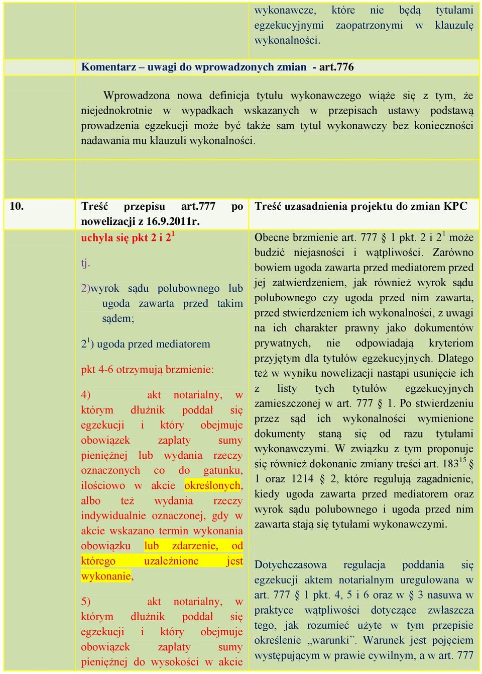 konieczności nadawania mu klauzuli wykonalności. 10. Treść przepisu art.777 po uchyla się pkt 2 i 2 1 tj.