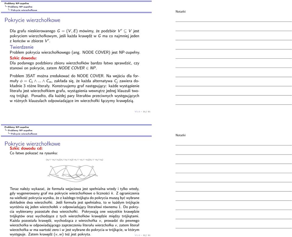 Szkic dowodu: Dla podanego podzbioru zbioru wierzchołków bardzo łatwo sprawdzić, czy stanowi on pokrycie, zatem NODE COVER NP. Problem 3SAT można zredukować do NODE COVER.