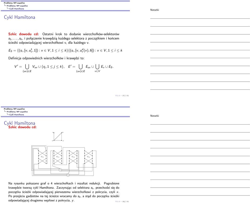 0 37/ 51 Szkic dowodu cd: u w x y Gux Gwx Gwy Gxy s1 s2 Na rysunku pokazano graf o 4 wierzchołkach i rezultat redukcji. Pogrubione krawędzie tworzą cykl Hamiltona.