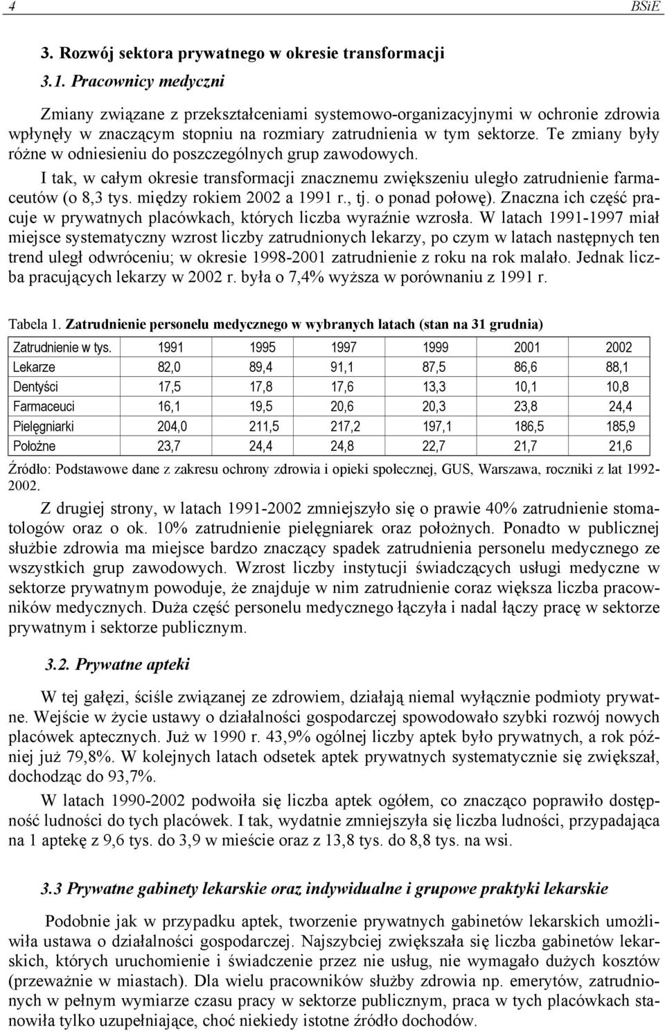 Te zmiany były różne w odniesieniu do poszczególnych grup zawodowych. I tak, w całym okresie transformacji znacznemu zwiększeniu uległo zatrudnienie farmaceutów (o 8,3 tys.