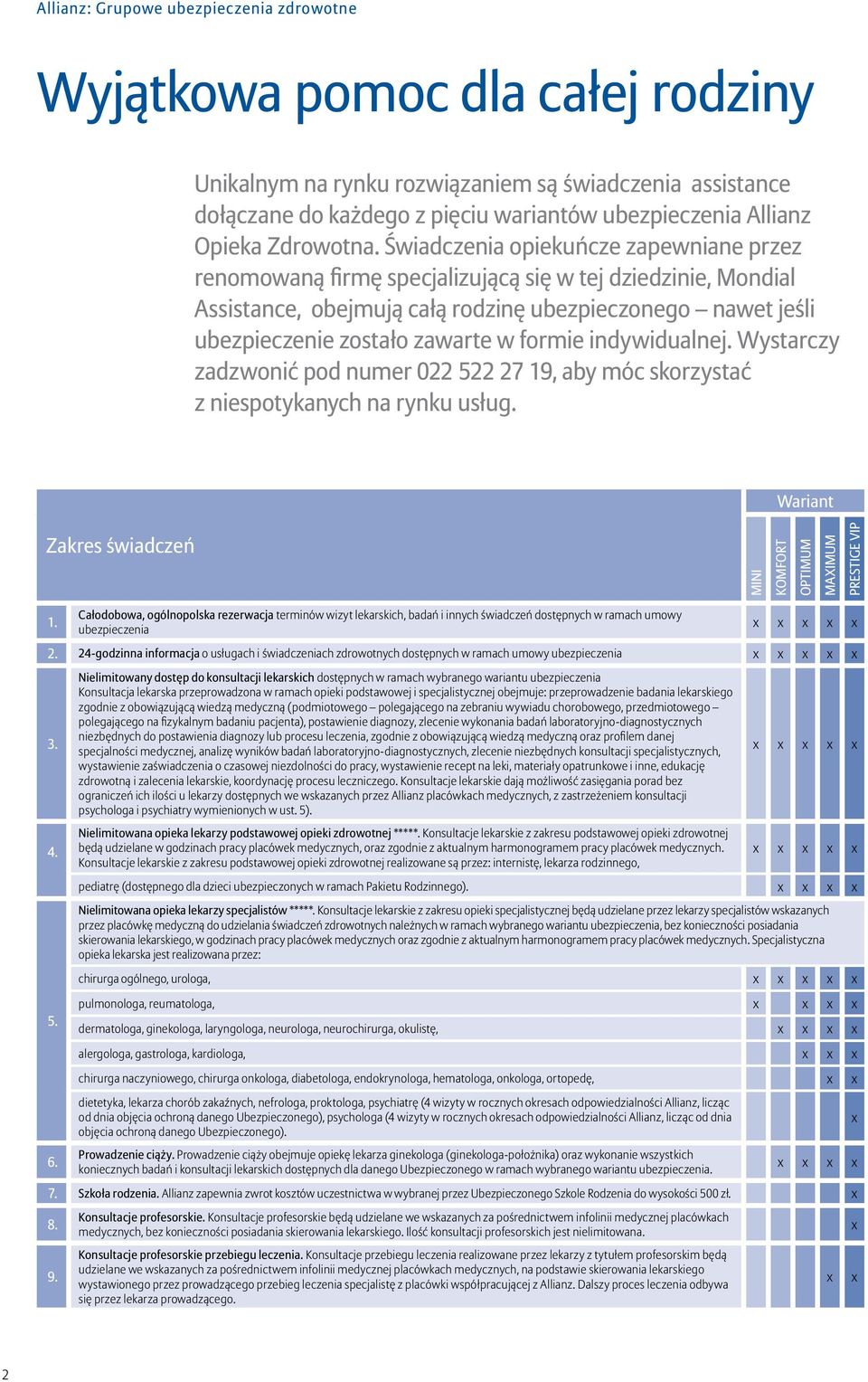formie indywidualnej. Wystarczy zadzwonić pod numer 022 522 27 19, aby móc skorzystać z niespotykanych na rynku usług. Wariant Zakres świadczeń MINI KOMFORT OPTIMUM MAXIMUM PRESTIGE VIP 1.