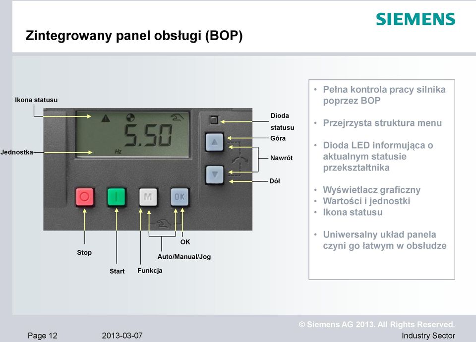 statusie przekształtnika Wyświetlacz graficzny Wartości i jednostki Ikona statusu Stop OK