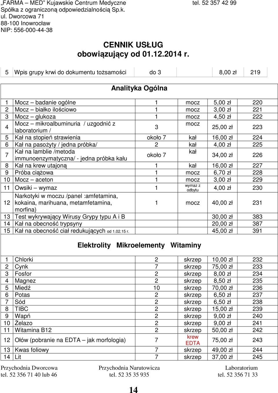 kał około 7 immunoenzymatyczna/ - jedna próbka kału 34,00 zł 226 8 Kał na krew utajoną 1 kał 16,00 zł 227 9 Próba ciążowa 1 mocz 6,70 zł 228 10 Mocz aceton 1 mocz 3,00 zł 229 wymaz z 11 Owsiki wymaz