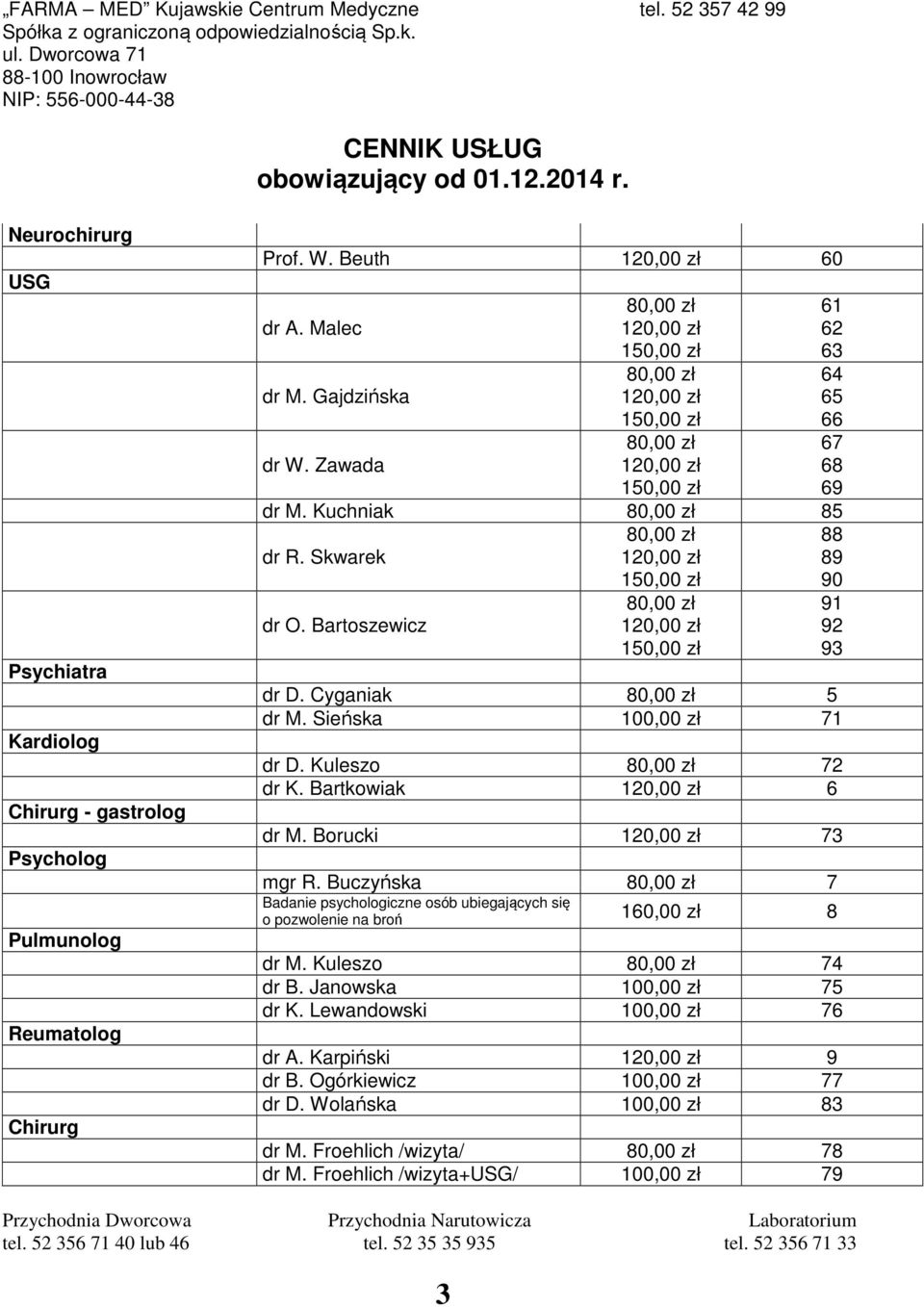 Bartoszewicz 80,00 zł 120,00 zł 150,00 zł 80,00 zł 120,00 zł 150,00 zł 88 89 90 dr D. Cyganiak 80,00 zł 5 dr M. Sieńska 100,00 zł 71 dr D. Kuleszo 80,00 zł 72 dr K. Bartkowiak 120,00 zł 6 dr M.