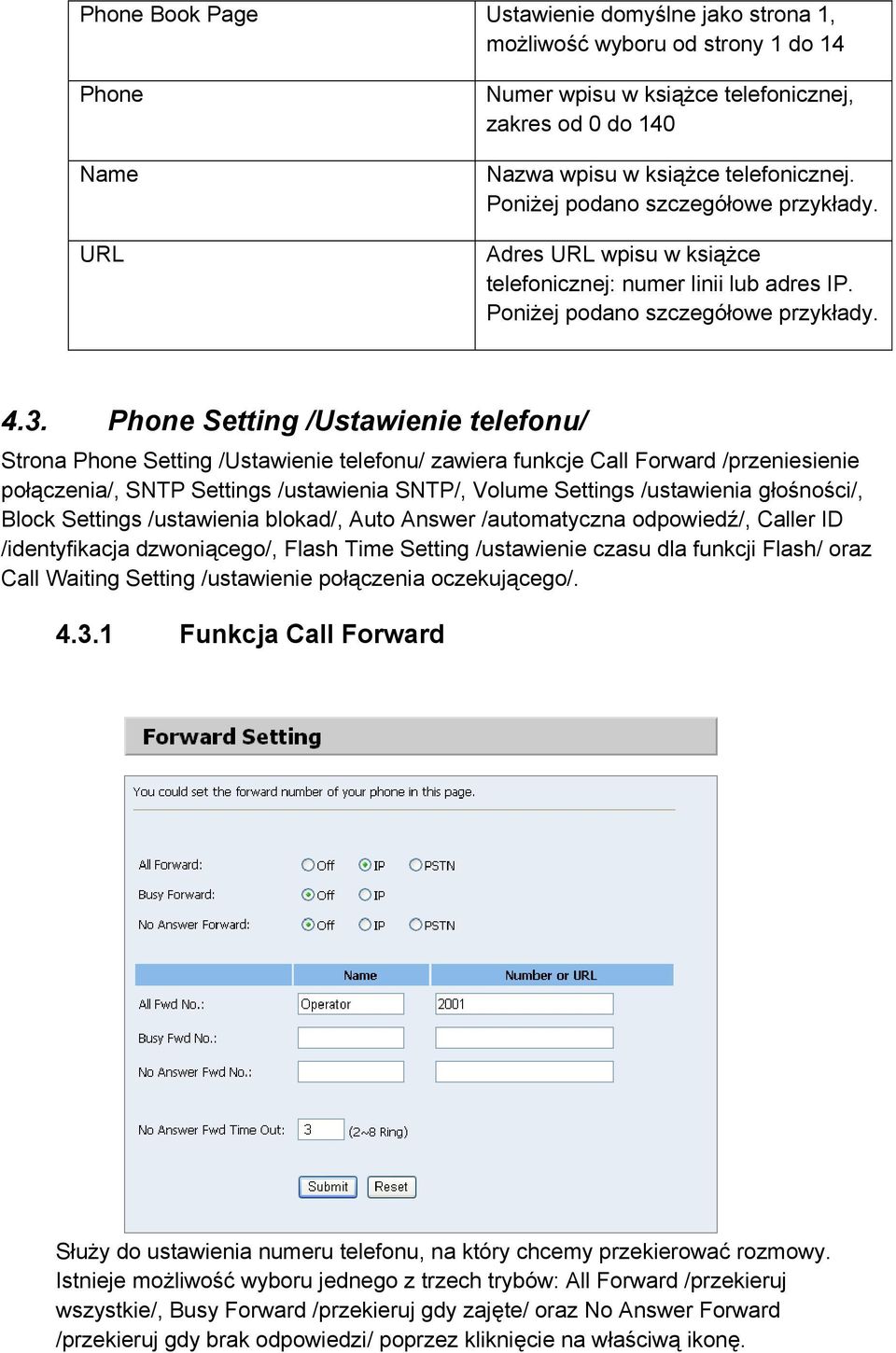 Phone Setting /Ustawienie telefonu/ Strona Phone Setting /Ustawienie telefonu/ zawiera funkcje Call Forward /przeniesienie połączenia/, SNTP Settings /ustawienia SNTP/, Volume Settings /ustawienia
