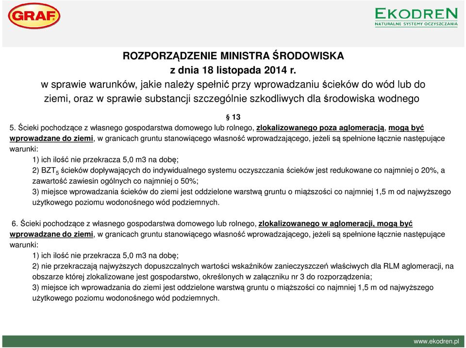 Ścieki pochodzące z własnego gospodarstwa domowego lub rolnego, zlokalizowanego poza aglomeracją, mogą być wprowadzane do ziemi, w granicach gruntu stanowiącego własność wprowadzającego, jeżeli są