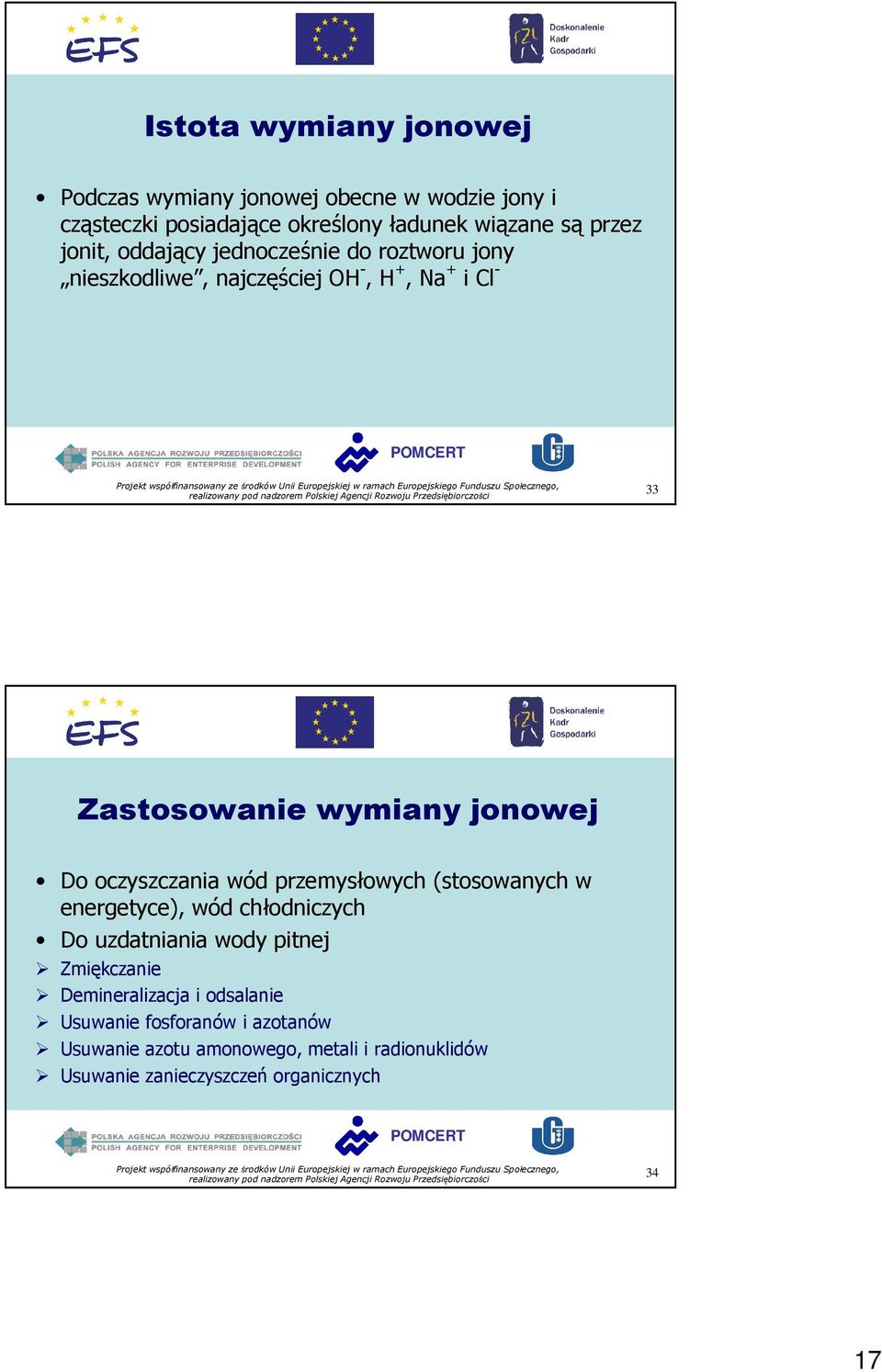 oczyszczania wód przemysłowych (stosowanych w energetyce), wód chłodniczych Do uzdatniania wody pitnej Zmiękczanie Demineralizacja