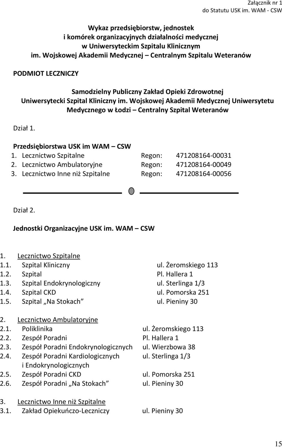 Wojskowej Akademii Medycznej Uniwersytetu Medycznego w Łodzi Centralny Szpital Weteranów Dział 1. Przedsiębiorstwa USK im WAM CSW 1. Lecznictwo Szpitalne Regon: 471208164-00031 2.