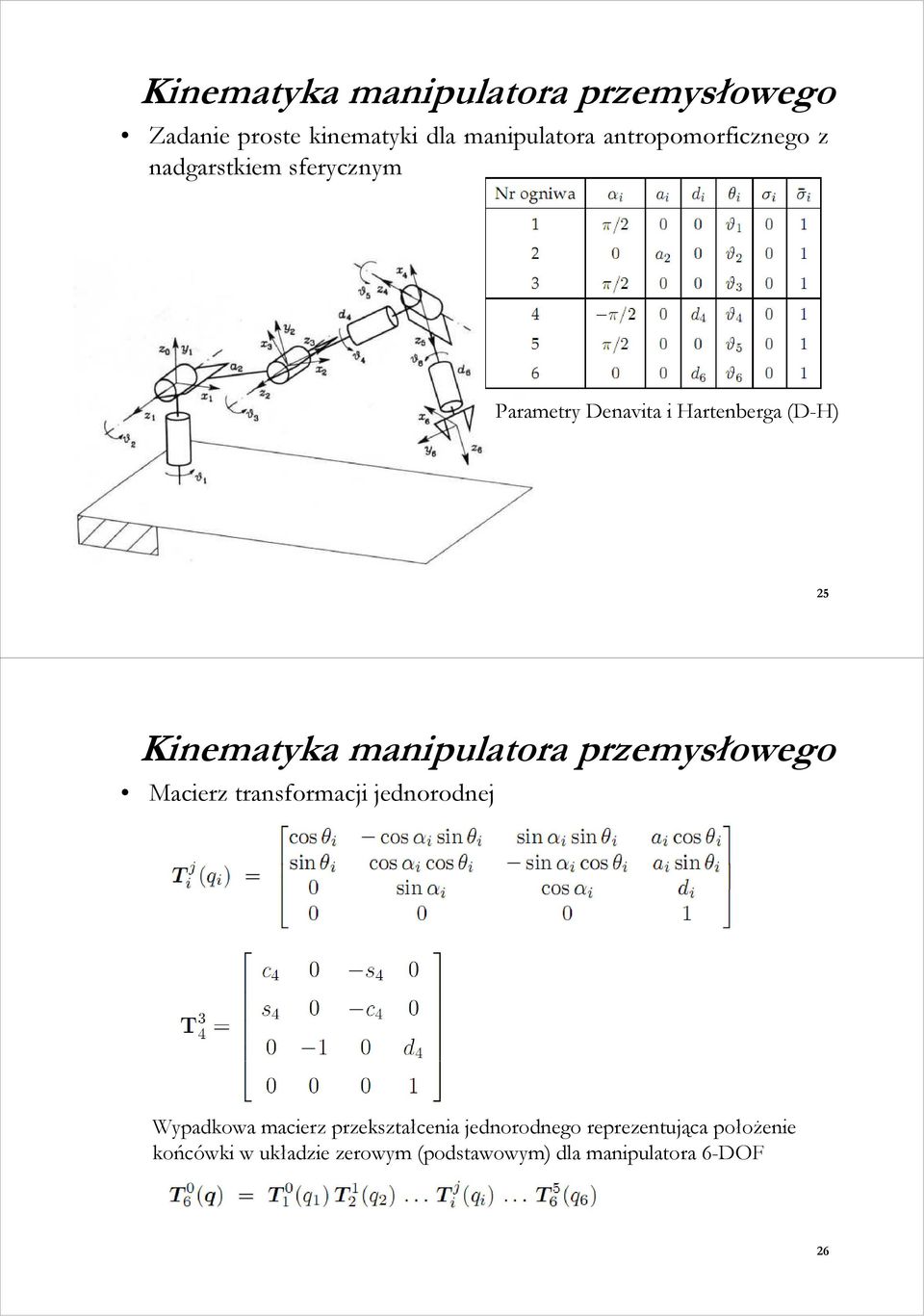 Kinematyka manipulatora przemysłowego Macierz transformacji jednorodnej Wypadkowa macierz