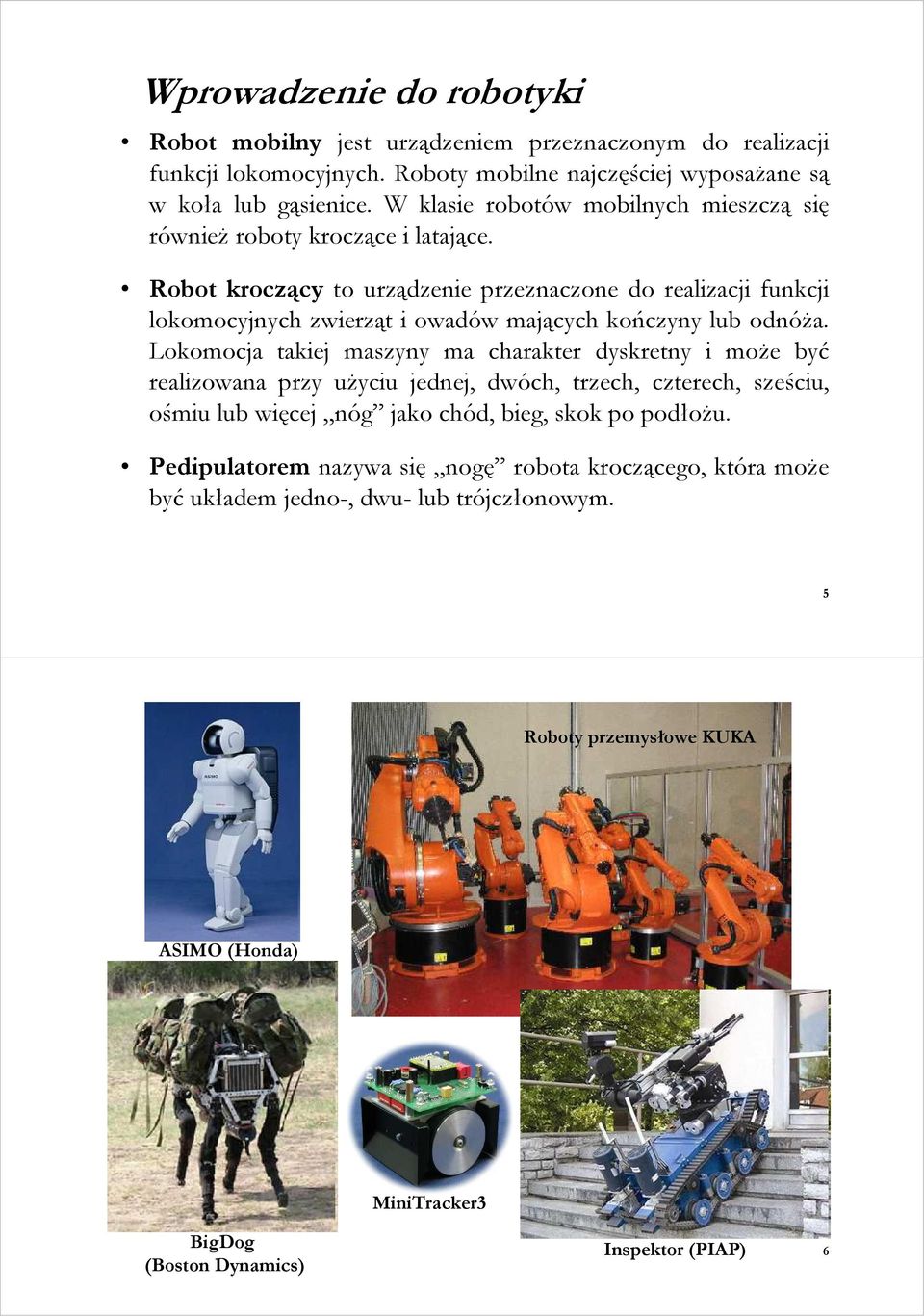 Robot kroczący to urządzenie przeznaczone do realizacji funkcji lokomocyjnych zwierząt i owadów mających kończyny lub odnóŝa.