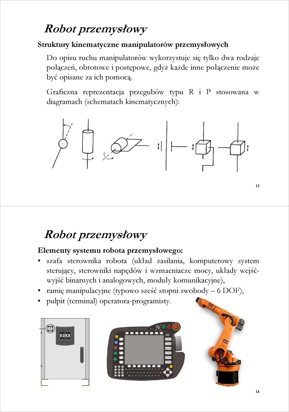 Graficzna reprezentacja przegubów typu R i P stosowana w diagramach (schematach kinematycznych): 13 Robot przemysłowy Elementy systemu robota przemysłowego: szafa