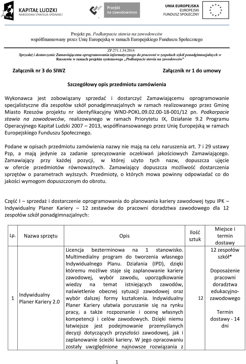 Podkarpacie stawia na zawodowców, realizowanego w ramach Priorytetu IX, Działanie 9.