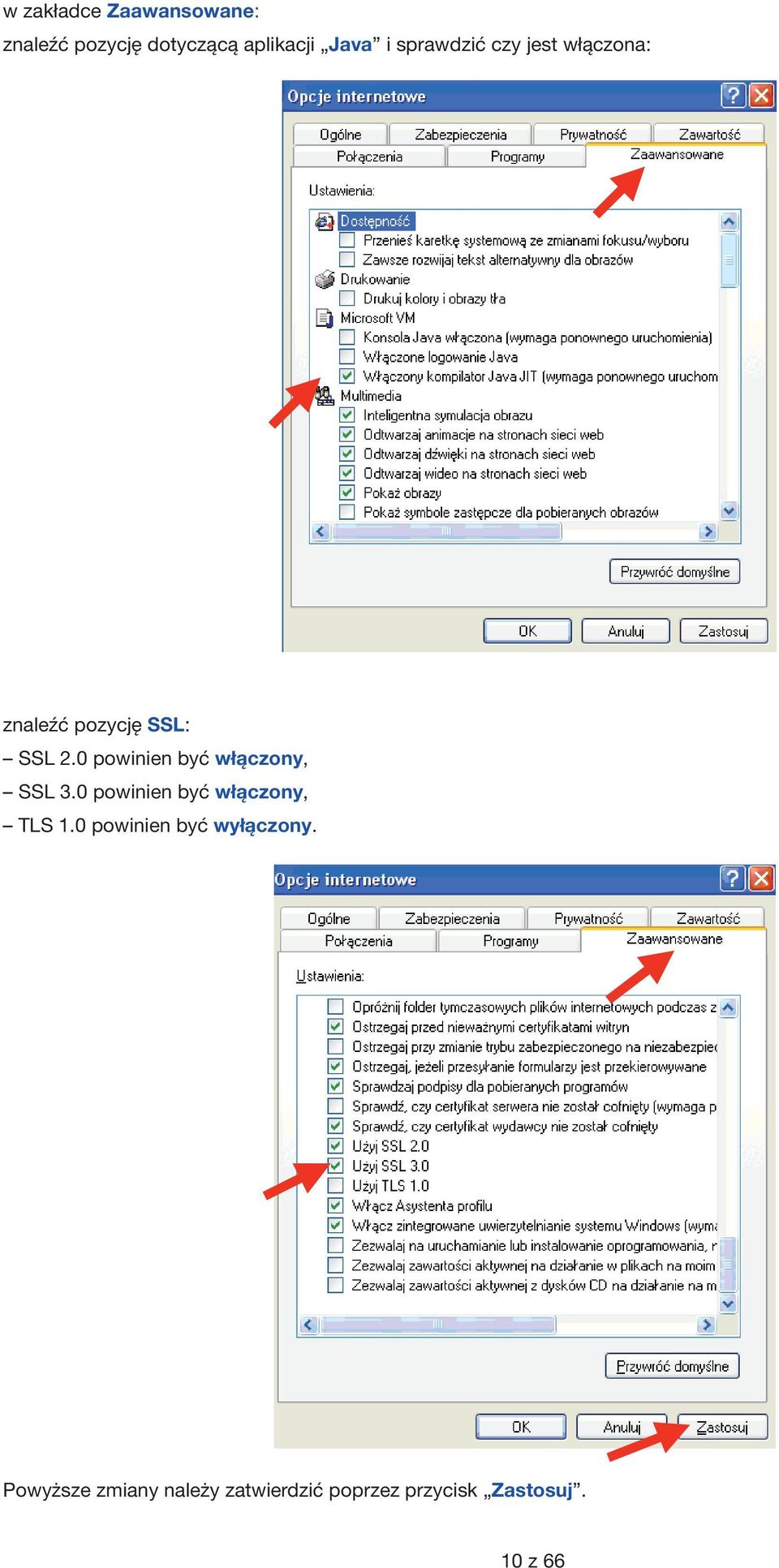 0 powinien być włączony, SSL 3.0 powinien być włączony, TLS 1.