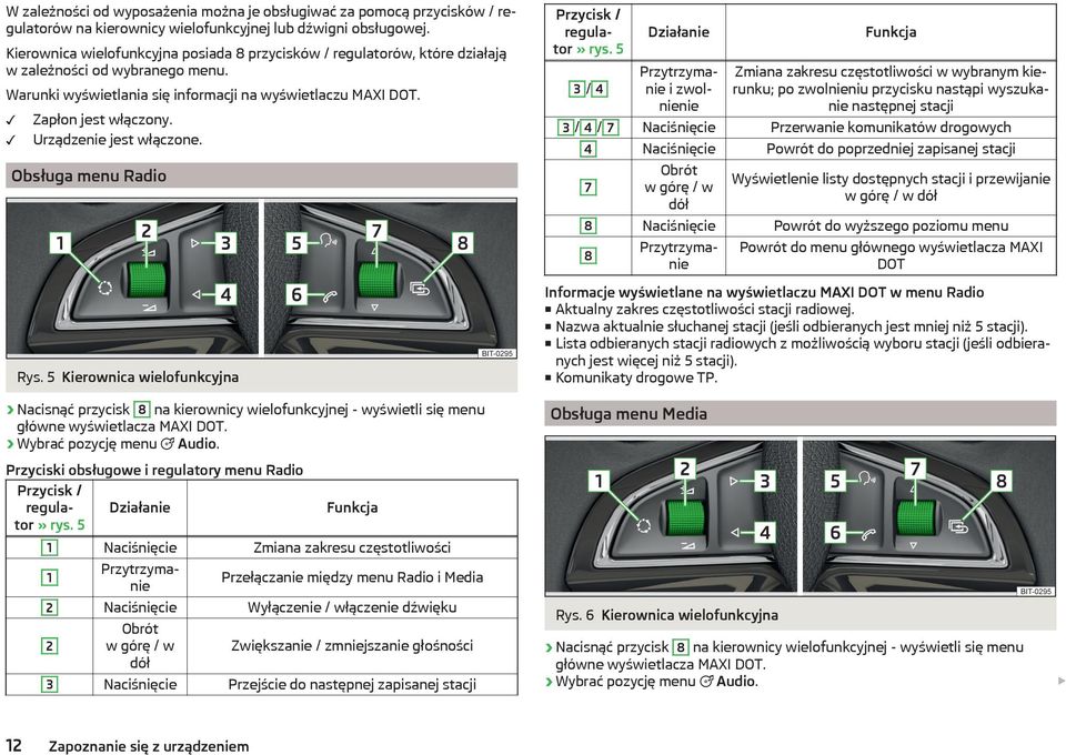 Urządzenie jest włączone. Obsługa menu Radio Rys. 5 Kierownica wielofunkcyjna Nacisnąć przycisk 8 na kierownicy wielofunkcyjnej - wyświetli się menu główne wyświetlacza MAXI DOT.