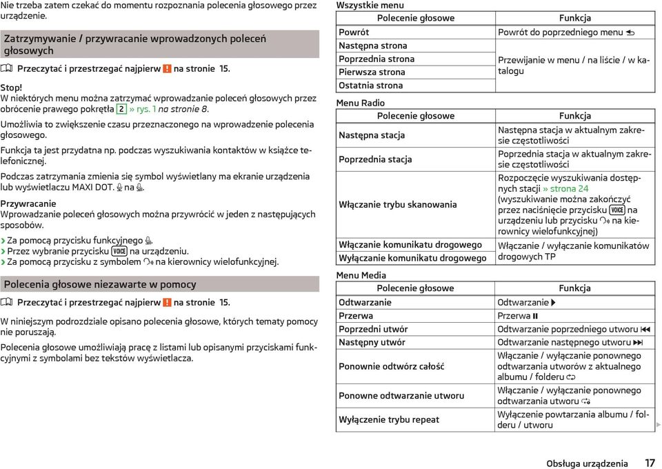 Umożliwia to zwiększenie czasu przeznaczonego na wprowadzenie polecenia głosowego. Funkcja ta jest przydatna np. podczas wyszukiwania kontaktów w książce telefonicznej.