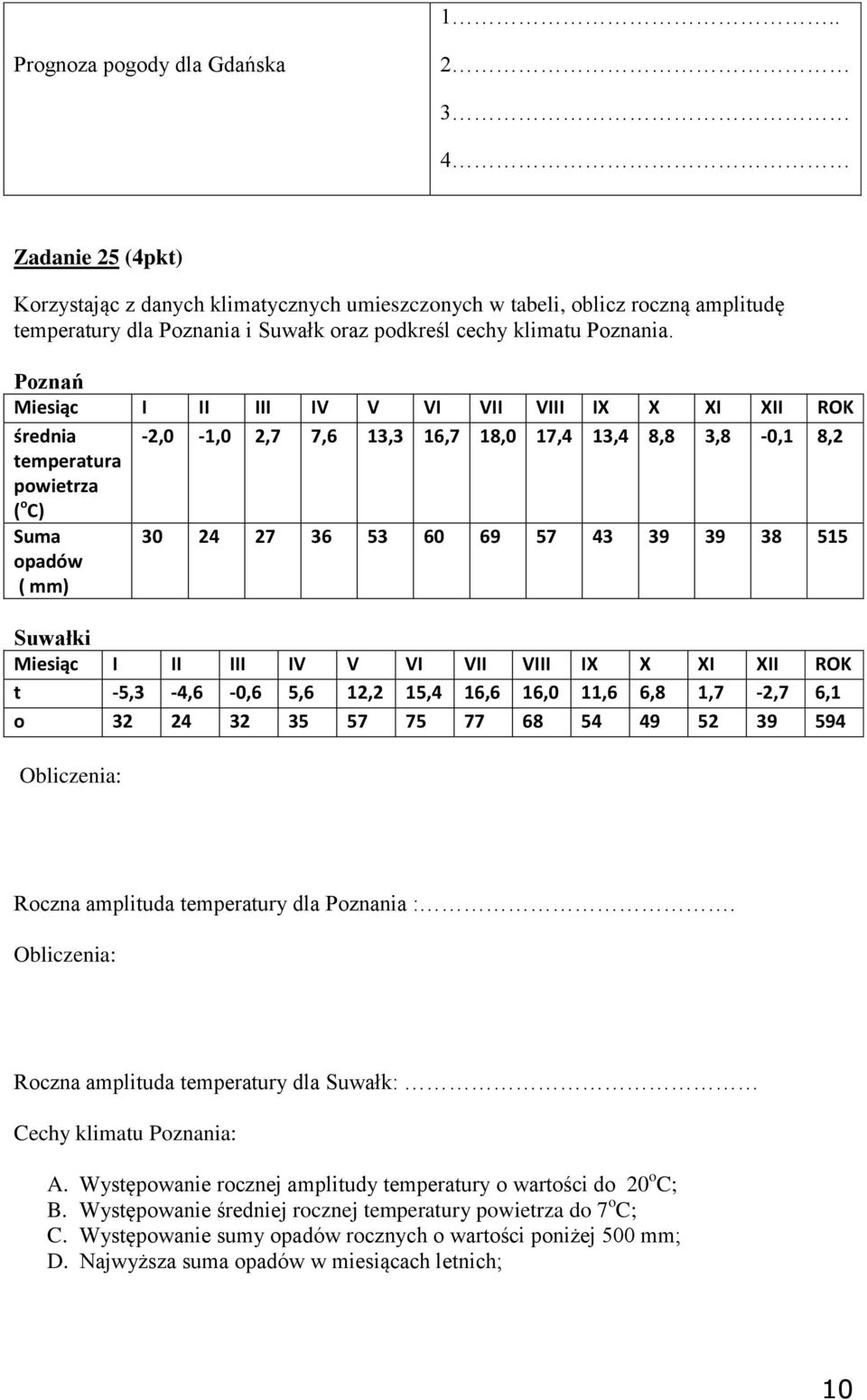 Poznań Miesiąc I II III IV V VI VII VIII IX X XI XII ROK średnia -2,0-1,0 2,7 7,6 13,3 16,7 18,0 17,4 13,4 8,8 3,8-0,1 8,2 temperatura powietrza ( o C) Suma opadów ( mm) 30 24 27 36 53 60 69 57 43 39