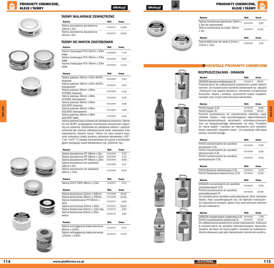 00182856 3,53 Taśma pakowa 48mm x 50m AKRYL transparent 00182857 3,53 Taśma pakowa 48mm x 66m HOTMEL brązowa 00182858 4,28 Taśma pakowa 48mm x 66m HOTMEL transparent 00182859 4,28 Taśma pakowa 48mm x