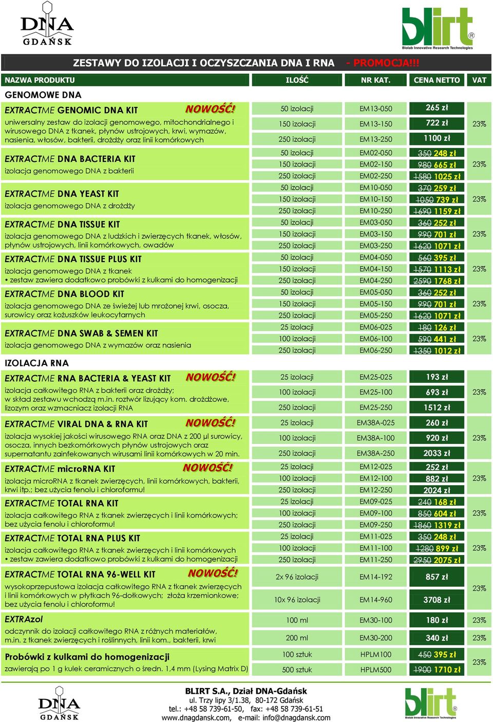 drożdży oraz linii komórkowych EXTRACTME DNA BACTERIA KIT izolacja genomowego DNA z bakterii EXTRACTME DNA YEAST KIT izolacja genomowego DNA z drożdży EXTRACTME DNA TISSUE KIT izolacja genomowego DNA