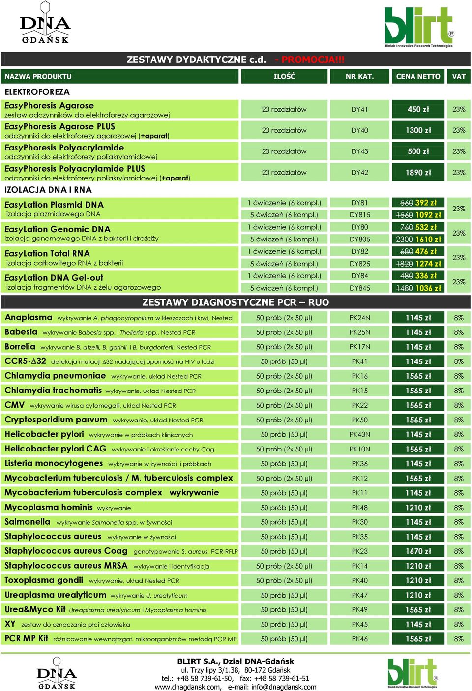 do elektroforezy poliakrylamidowej EasyPhoresis Polyacrylamide PLUS odczynniki do elektroforezy poliakrylamidowej (+aparat) IZOLACJA DNA I RNA EasyLation Plasmid DNA izolacja plazmidowego DNA