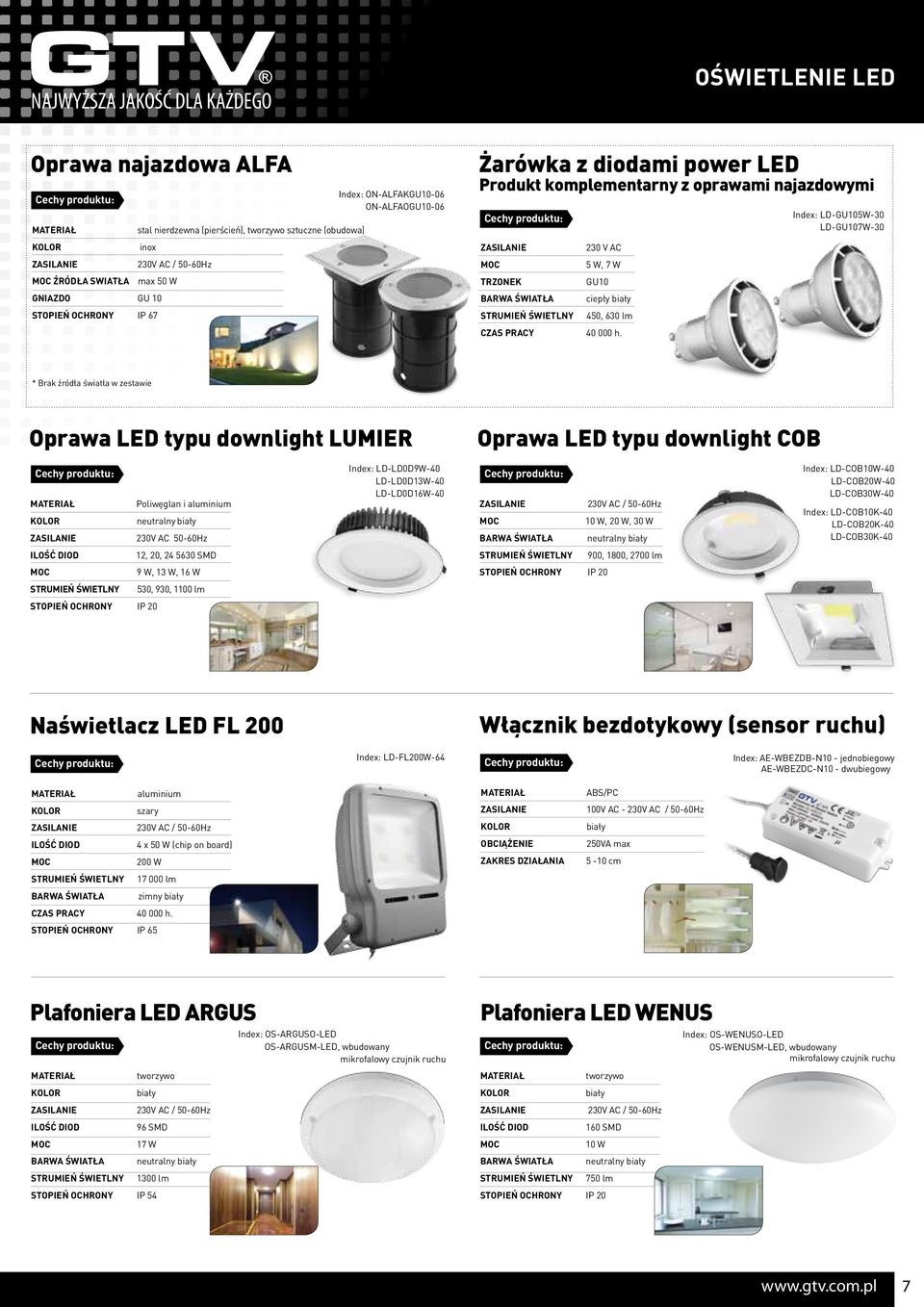 downlight COB Poliwęglan i aluminium neutralny 230V AC 50-60Hz Index: LD-LD0D9W-40 LD-LD0D13W-40 LD-LD0D16W-40 10 W, 20 W, 30 W neutralny Index: LD-COB10W-40 LD-COB20W-40 LD-COB30W-40 Index: