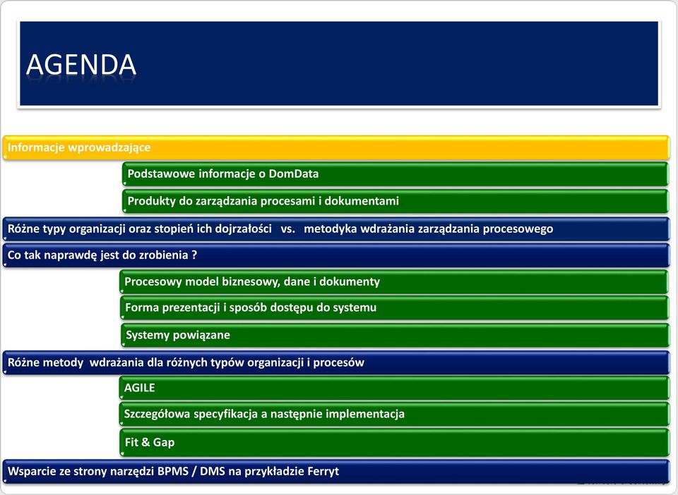 Procesowy model biznesowy, dane i dokumenty Forma prezentacji i sposób dostępu do systemu Systemy powiązane Różne metody wdrażania dla