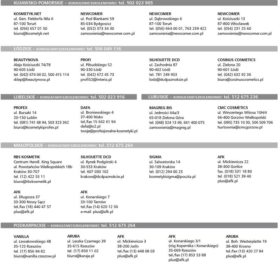 (054) 231 25 60 zamowienia@newcomer.com.pl ŁÓDZKIE KONSULTANT/SZKOLENIOWIEC tel. 506 049 116 BEAUTYNOVA Aleja Kościuszki 74/78 90605 Łódź tel. (042) 674 04 02, 500 415 114 sklep@beautynova.