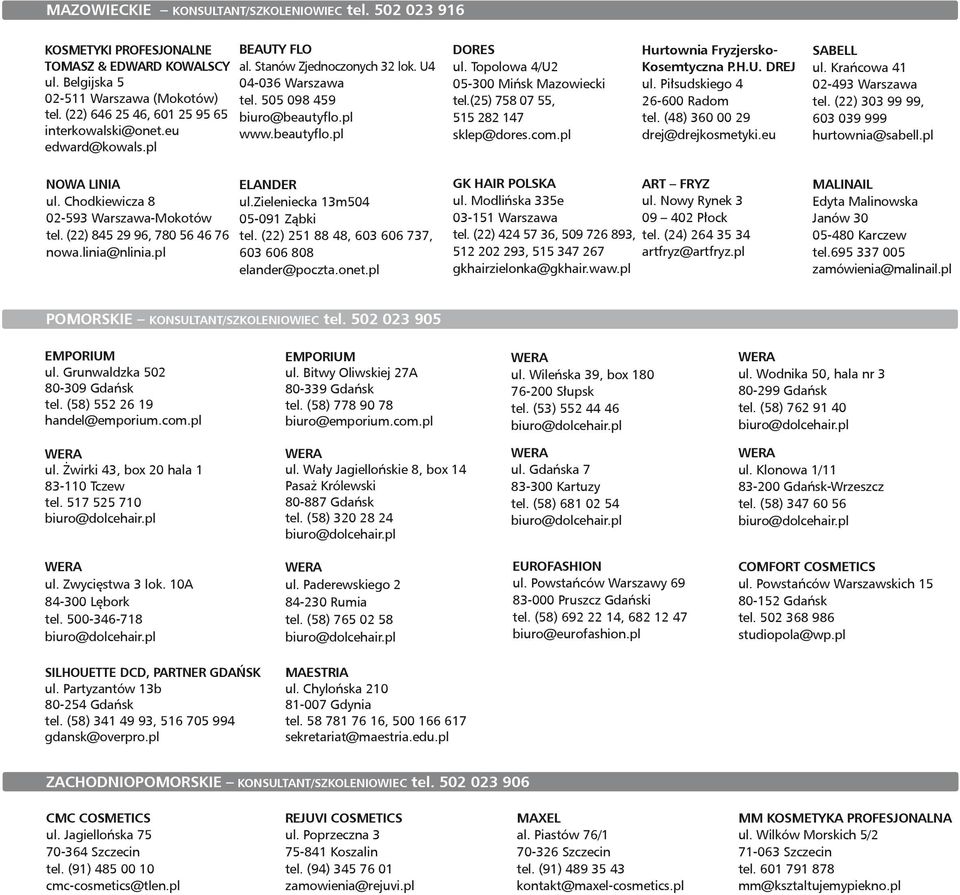 (25) 758 07 55, 515 282 147 sklep@dores.com.pl Hurtownia Fryzjersko Kosemtyczna P.H.U. DREJ ul. Piłsudskiego 4 26600 Radom tel. (48) 360 00 29 drej@drejkosmetyki.eu SABELL ul.