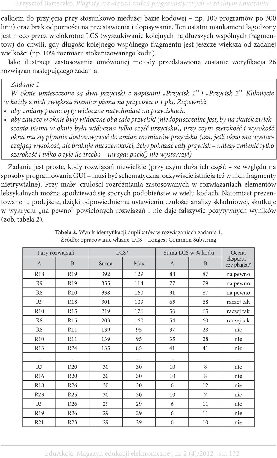 od zadanej wielkości (np. 10% rozmiaru stokenizowanego kodu). Jako ilustracja zastosowania omówionej metody przedstawiona zostanie weryfikacja 26 rozwiązań następującego zadania.