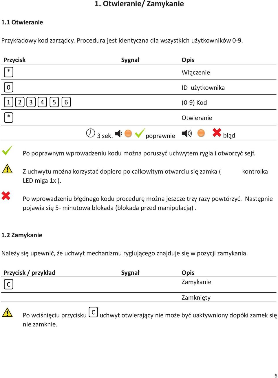 Z uchwytu można korzystać dopiero po całkowitym otwarciu się zamka (zielona kontrolka LED miga 1x ). Po wprowadzeniu błędnego kodu procedurę można jeszcze trzy razy powtórzyć.