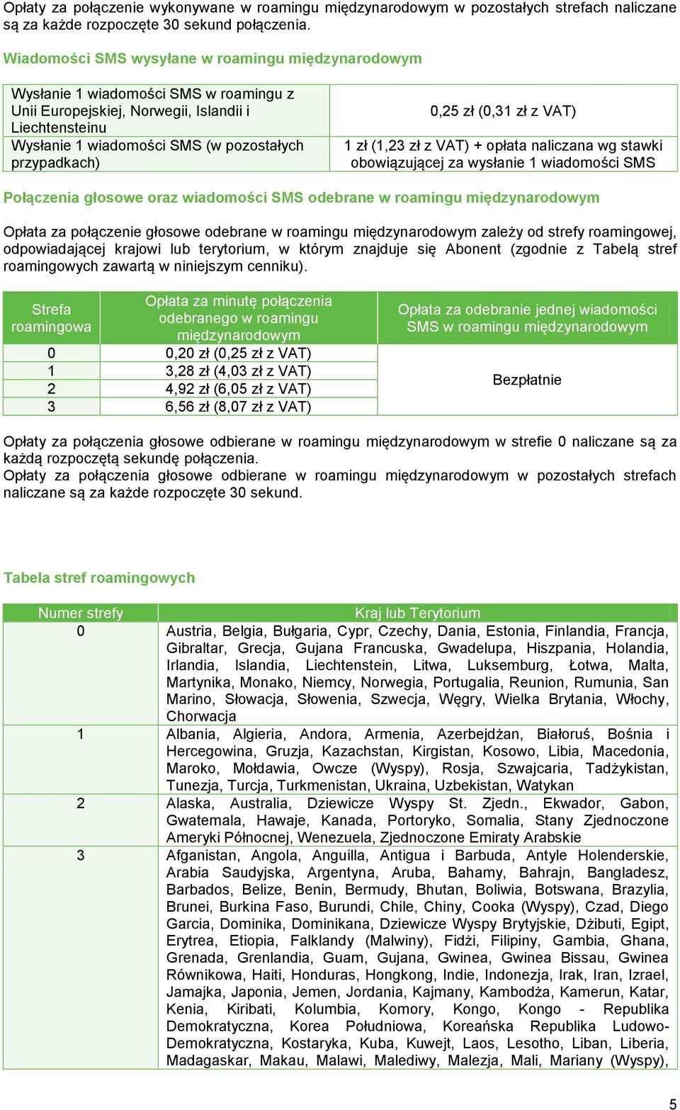 0,25 zł (0,31 zł z 1 zł (1,23 zł z + naliczana wg stawki obowiązującej za wysłanie 1 wiadomości SMS Połączenia głosowe oraz wiadomości SMS odebrane w roamingu międzynarodowym Opłata za połączenie