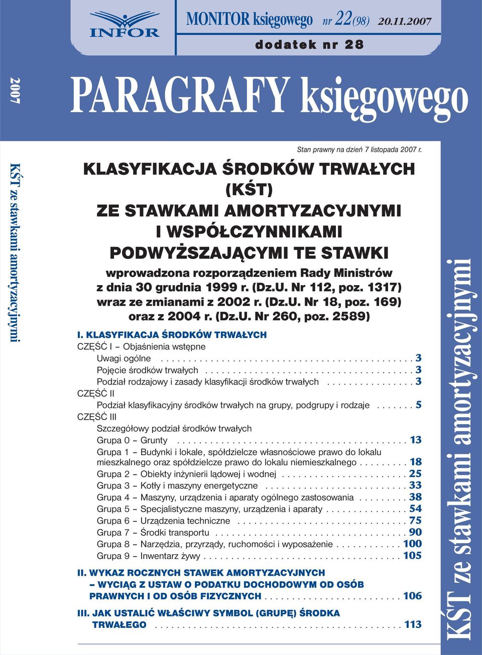 1317) wraz ze zmianami z 2002 r. (Dz.U. Nr 18, poz. 169) oraz z 2004 r. (Dz.U. Nr 260, poz. 2589) I. KLASYFIKACJA ŚRODKÓW TRWAŁYCH CZĘŚĆ I Objaśnienia wstępne Uwagi ogólne.............................................. 3 Pojęcie środków trwałych.