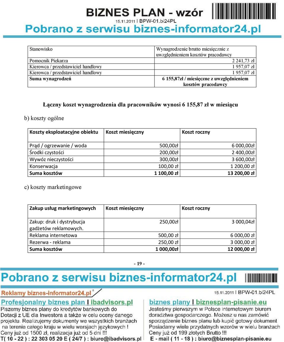 obiektu Koszt miesięczny Koszt roczny Prąd / ogrzewanie / woda 500,00zł 6000,00zł Środki czystości 200,00zł 2400,00zł Wywóz nieczystości 300,00zł 3600,00zł Konserwacja 100,00 zł 1200,00 zł Suma