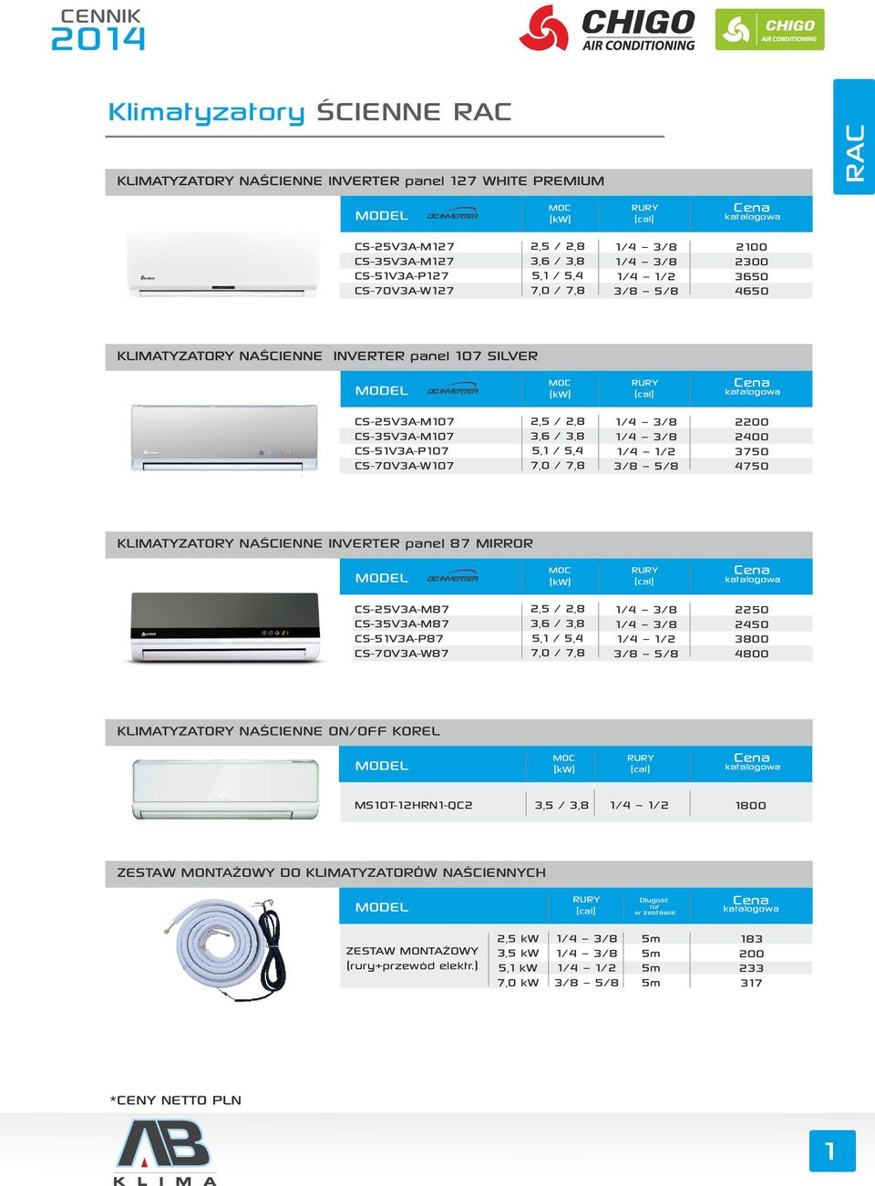 CS-35V3A-M87 CS-51V3A-P87 CS-70V3A-W87 2,5 / 2,8 3,6 / 3,8 5,1 / 5,4 7,0 / 7,8 2250 2450 3800 4800 KLIMATYZATORY NAŚCIENNE ON/OFF KOREL MS10T-12HRN1-QC2 3,5 / 3,8