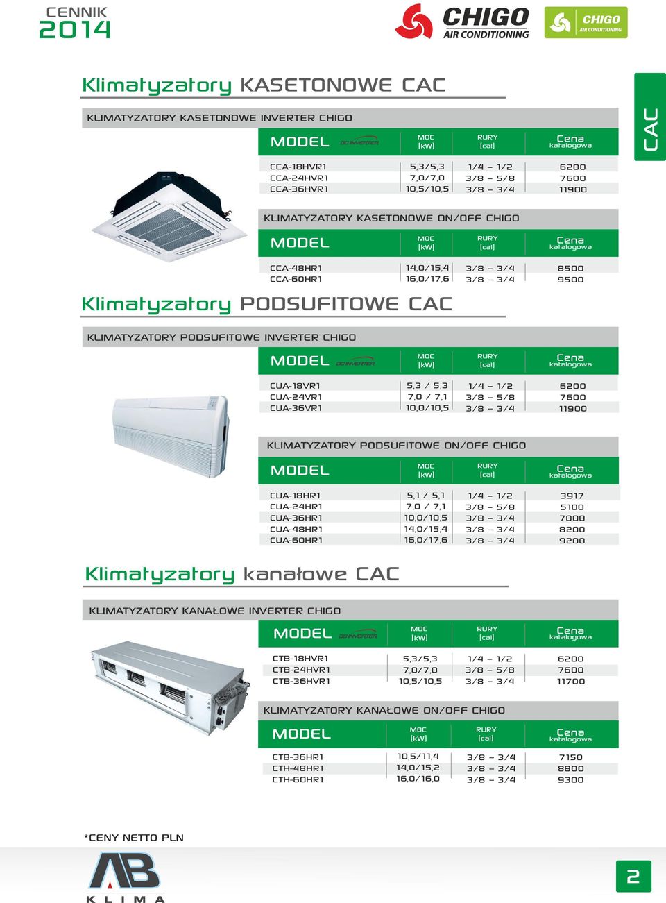 PODSUFITOWE ON/OFF CHIGO CUA-18HR1 CUA-24HR1 CUA-36HR1 CUA-48HR1 CUA-60HR1 Klimatyzatory kanałowe CAC 5,1 / 5,1 7,0 / 7,1 10,0/10,5 14,0/15,4 16,0/17,6 3917 5100 7000 8200 9200 KLIMATYZATORY KANAŁOWE