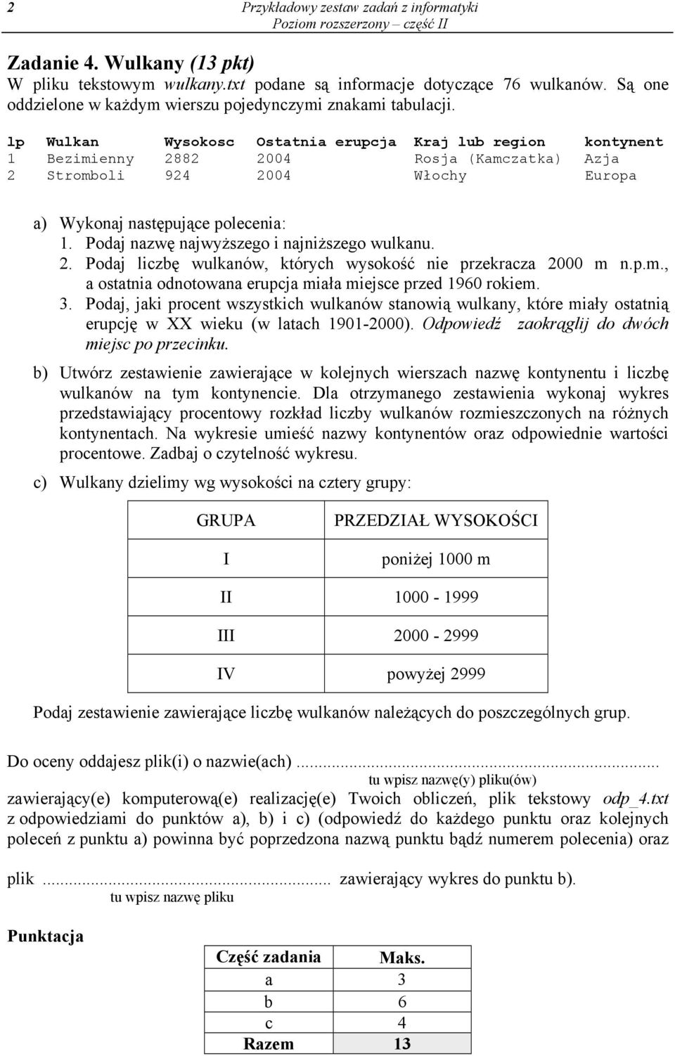 lp Wulkan Wysokosc Ostatnia erupcja Kraj lub region kontynent 1 Bezimienny 2882 2004 Rosja (Kamczatka) Azja 2 Stromboli 924 2004 Włochy Europa a) Wykonaj następujące polecenia: 1.