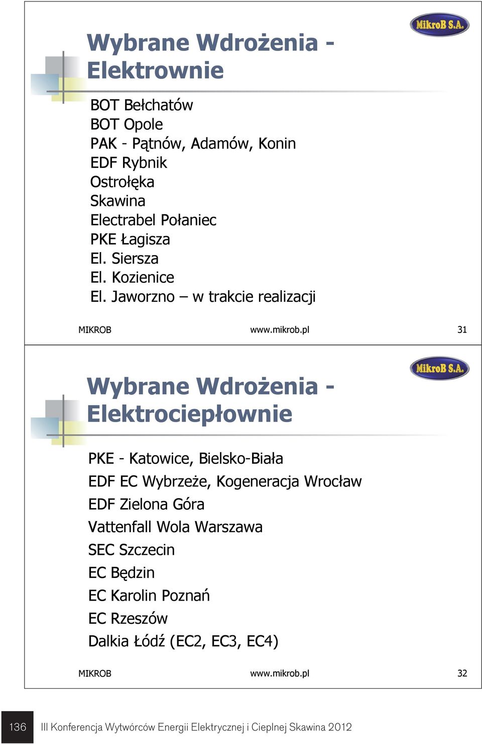 pl 31 Wybrane Wdrożenia - Elektrociepłownie PKE - Katowice, Bielsko-Biała EDF EC Wybrzeże, Kogeneracja Wrocław EDF Zielona Góra