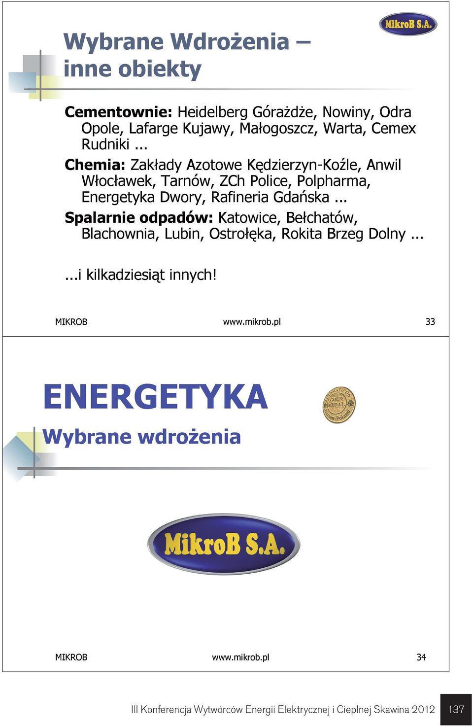 .. Chemia: Zakłady Azotowe Kędzierzyn-Koźle, Anwil Włocławek, Tarnów, ZCh Police, Polpharma, Energetyka Dwory, Rafineria Gdańska.