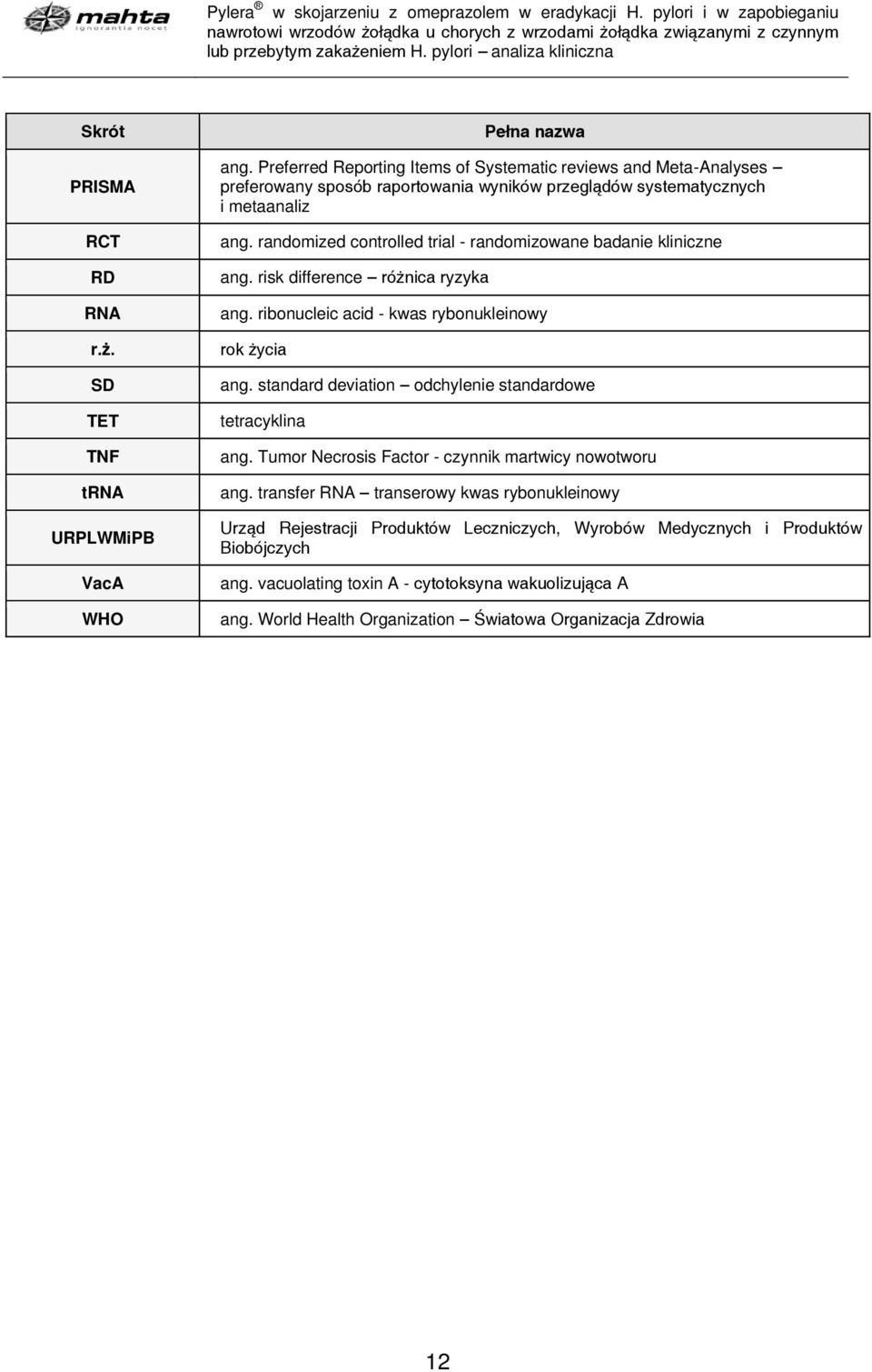 randomized controlled trial - randomizowane badanie kliniczne ang. risk difference różnica ryzyka ang. ribonucleic acid - kwas rybonukleinowy rok życia ang.