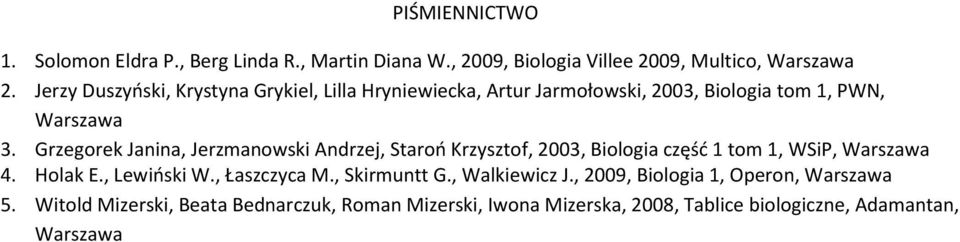 Grzegorek Janina, Jerzmanowski Andrzej, Staroo Krzysztof, 2003, Biologia częśd 1 tom 1, WSiP, Warszawa 4. Holak E., Lewioski W.