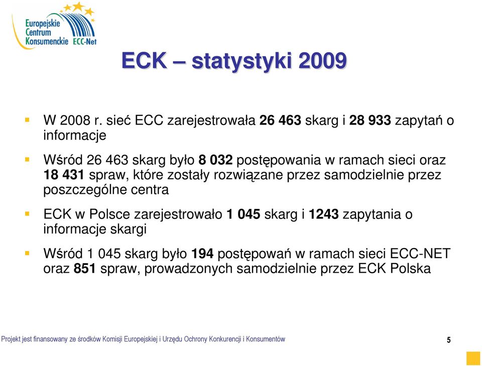 431 spraw, które zostały rozwiązane przez samodzielnie przez poszczególne centra ECK w Polsce zarejestrowało 1 045 skarg i 1243