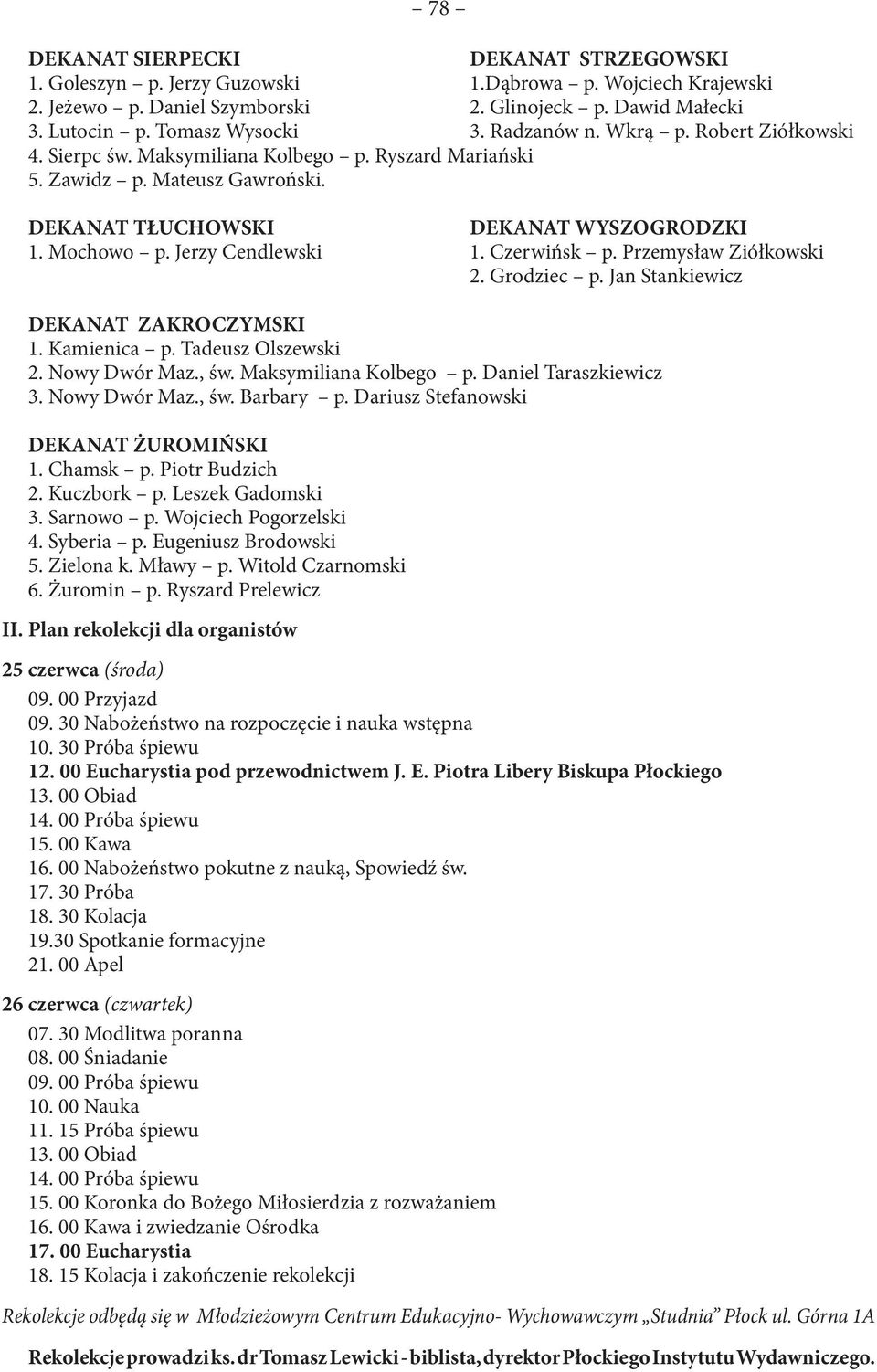 Czerwińsk p. Przemysław Ziółkowski 2. Grodziec p. Jan Stankiewicz DEKANAT ZAKROCZYMSKI 1. Kamienica p. Tadeusz Olszewski 2. Nowy Dwór Maz., św. Maksymiliana Kolbego p. Daniel Taraszkiewicz 3.