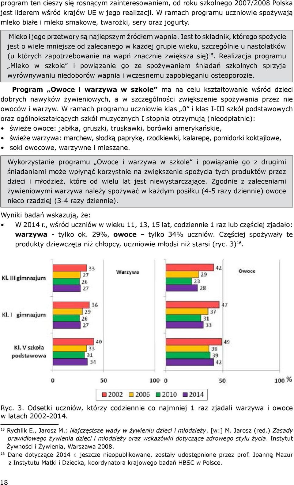 Jest to składnik, którego spożycie jest o wiele mniejsze od zalecanego w każdej grupie wieku, szczególnie u nastolatków (u których zapotrzebowanie na wapń znacznie zwiększa się) 15.